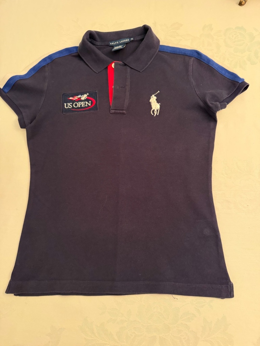 Ralph Lauren Navy Polo with Blue Shoulder Stripes and Red Placket